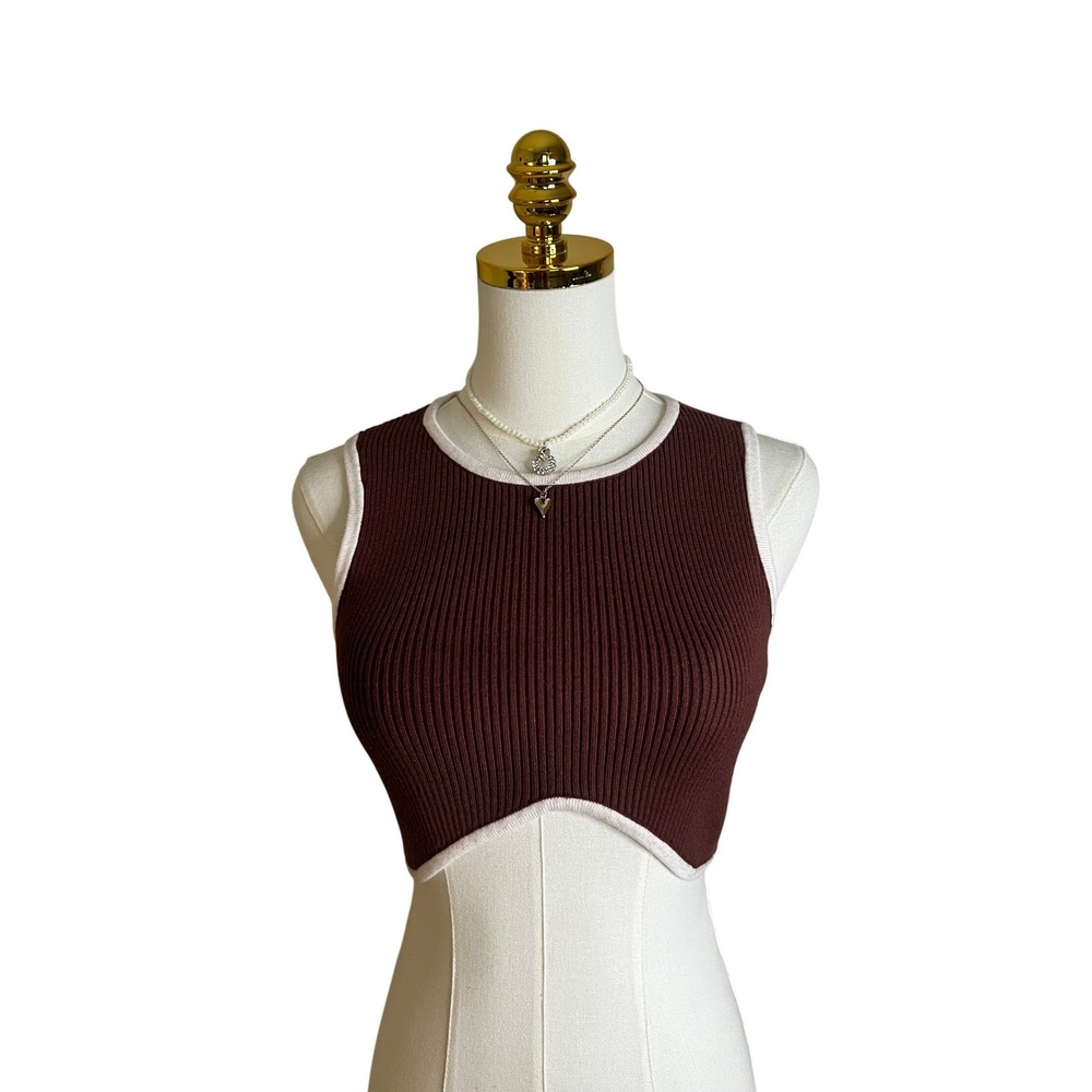 Victoria + Sophia Brown Ribbed Knit Crop Tank Top Cashmere Blend Cream Trim M